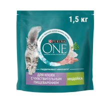 Корм сухой Purina One для взрослых кошек при чувствительном пищеварении с индейкой и рисом, 1.5кг