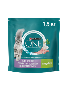 Корм сухой Purina One для взрослых кошек при чувствительном пищеварении с индейкой и рисом, 1.5кг