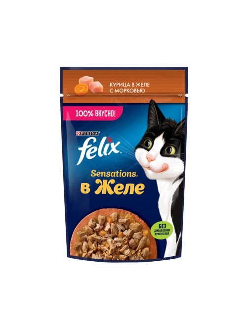 Корм влажный Felix Sensations для взрослых кошек с курицей в желе с морковью, 75г x 26 шт