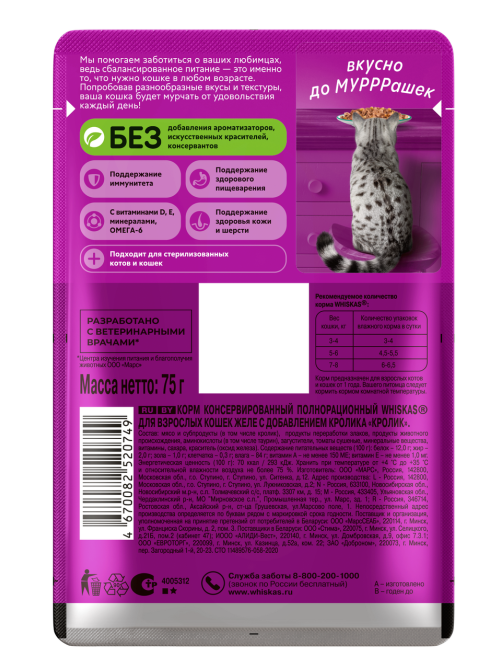 Корм влажный Whiskas для кошек кролик желе, 75г