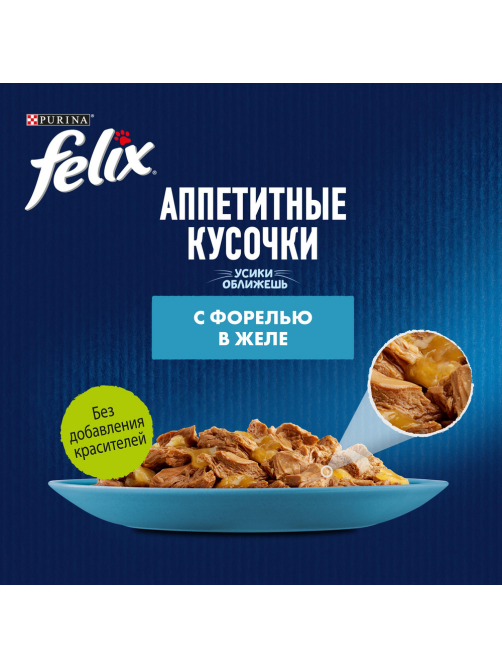 Корм влажный Felix Аппетитные кусочки для взрослых кошек с форелью в желе, 75г