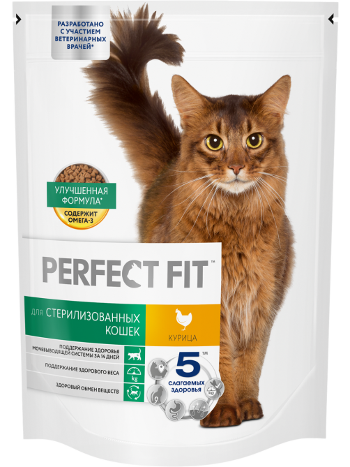 Корм сухой Perfect Fit для кастрированных котов и стерилизованных кошек с курицей, 650г