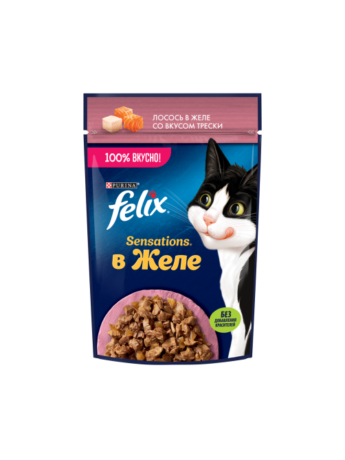 Корм влажный Felix Sensations для взрослых кошек с лососем в желе с добавлением трески, 75г x 26 шт