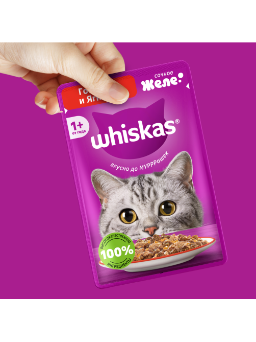 Корм влажный Whiskas желе для взрослых кошек с говядиной и ягненком, 75г