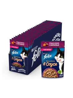 Корм влажный Felix Sensations для взрослых кошек с уткой в соусе с морковью, 75г x 26 шт