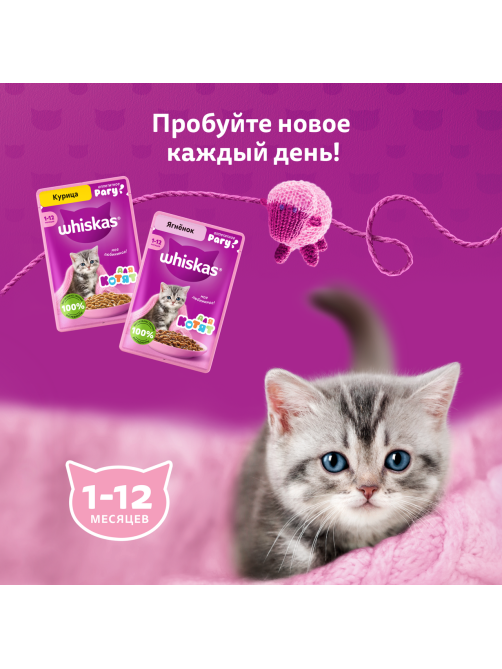 Корм влажный Whiskas рагу для котят до 12 месяцев с курицей, 75г