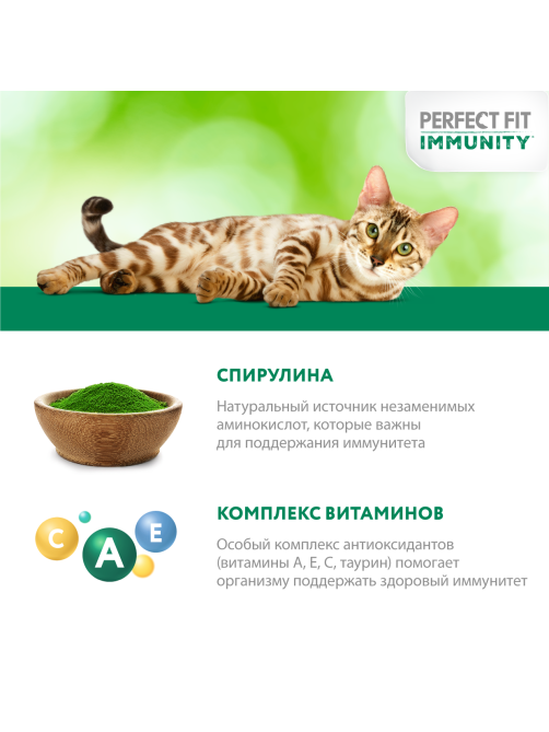 Корм влажный Perfect Fit для взрослых кошек иммунитет индейка-спирулина-желе, 75г x 28 шт