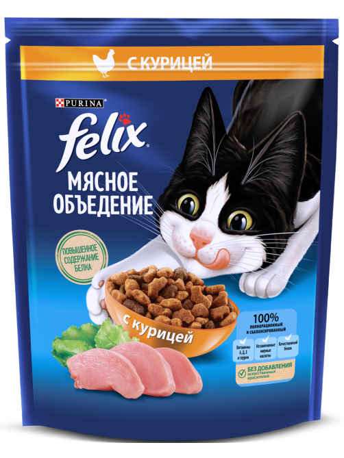 Корм для кошек Felix Мясное объедение сухой с курицей, 600г