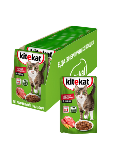 Корм влажный Kitekat для взрослых кошек с говядиной в желе, 85г x 28 шт