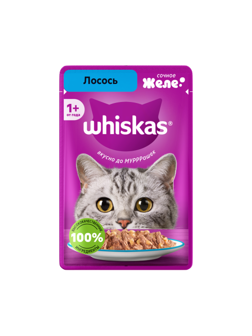 Корм влажный Whiskas желе для взрослых кошек с лососем, 75г