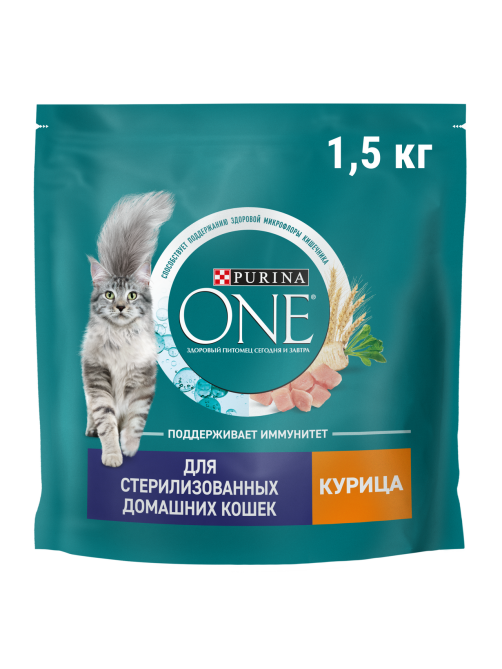 Корм сухой Purina One для стерилизованных кошек и кастрированных котов с курицей и цельными злаками, 1.5кг