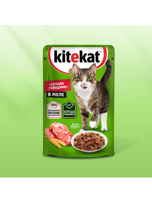 Корм влажный Kitekat для взрослых кошек с говядиной в желе, 85г