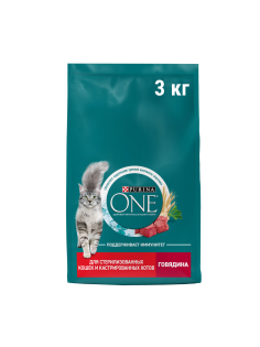 Корм сухой Purina One для стерилизованных кошек и кастрированных котов с говядиной и пшеницей, 3кг