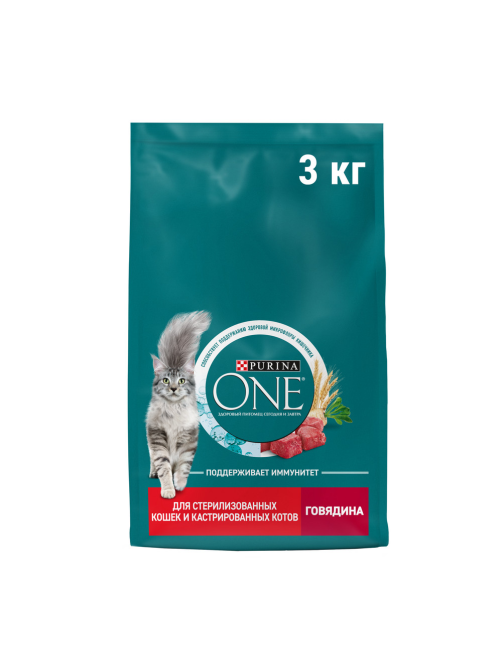 Корм сухой Purina One для стерилизованных кошек и кастрированных котов с говядиной и пшеницей, 3кг