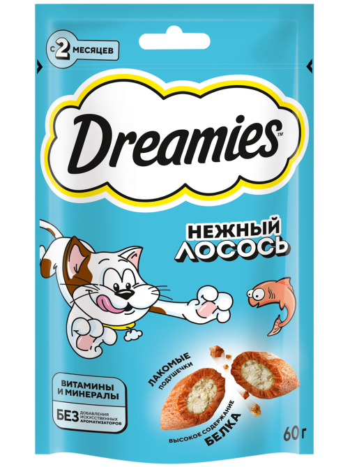 Лакомство Dreamies Лакомые подушечки для взрослых кошек с лососем, 60г