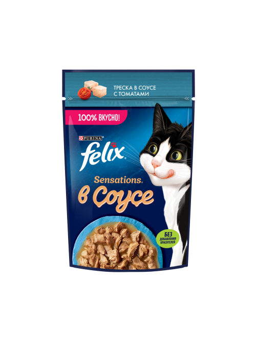 Корм влажный Felix Sensations для взрослых кошек с треской в соусе с томатами, 75г x 26 шт