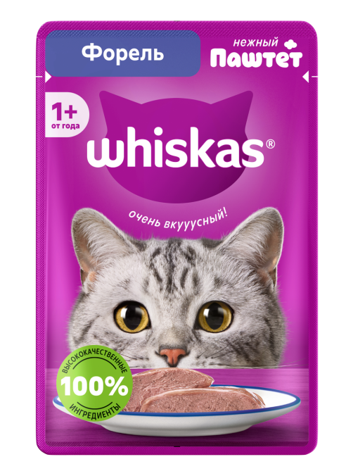 Корм влажный Whiskas для кошек форель паштет, 75г