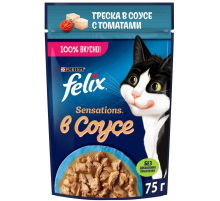 Корм влажный Felix Sensations для взрослых кошек с треской в соусе с томатами, 75г