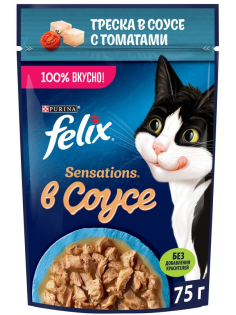Корм влажный Felix Sensations для взрослых кошек с треской в соусе с томатами, 75г