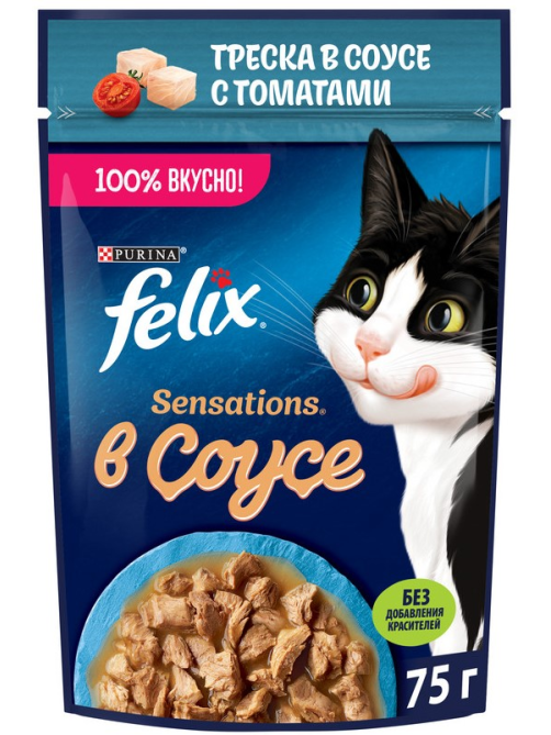 Корм влажный Felix Sensations для взрослых кошек с треской в соусе с томатами, 75г