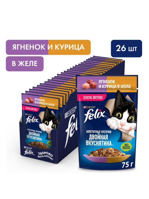Корм влажный Felix Аппетитные кусочки Двойная вкуснятина для взрослых кошек с ягненком и курицей в желе, 75г x 26 шт