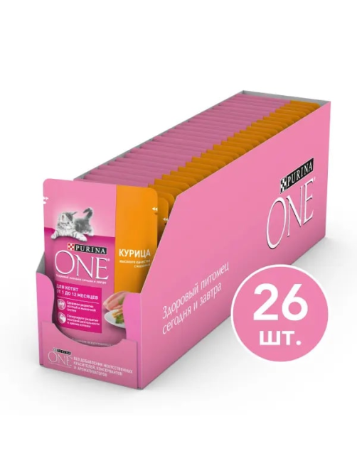 Корм влажный Purina One для котят с курицей и морковью в соусе, 75г х 26 шт