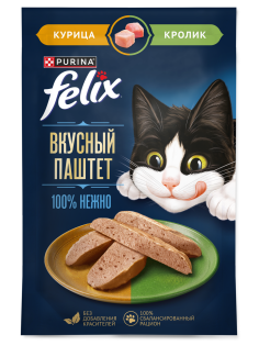 Корм влажный Felix Паштет для кошек курица и кролик, 75г