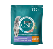 Корм сухой Purina One для взрослых кошек для здоровья кожи и шерсти с курицей и цельными злаками, 750г