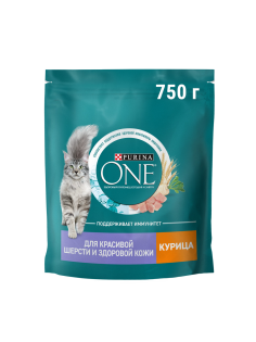 Корм сухой Purina One для взрослых кошек для здоровья кожи и шерсти с курицей и цельными злаками, 750г