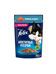 Корм влажный Felix Аппетитные кусочки для взрослых кошек с форелью в желе, 75г