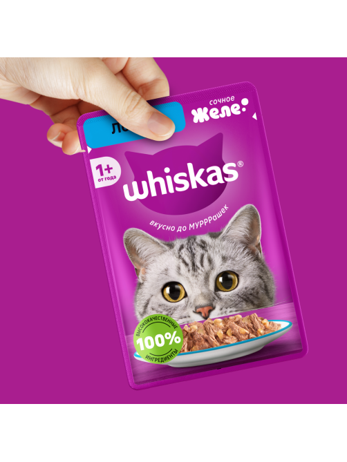Корм влажный Whiskas желе для взрослых кошек с лососем, 75г