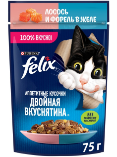 Корм влажный Felix Аппетитные кусочки Двойная вкуснятина для взрослых кошек с лососем и форелью в желе, 75г