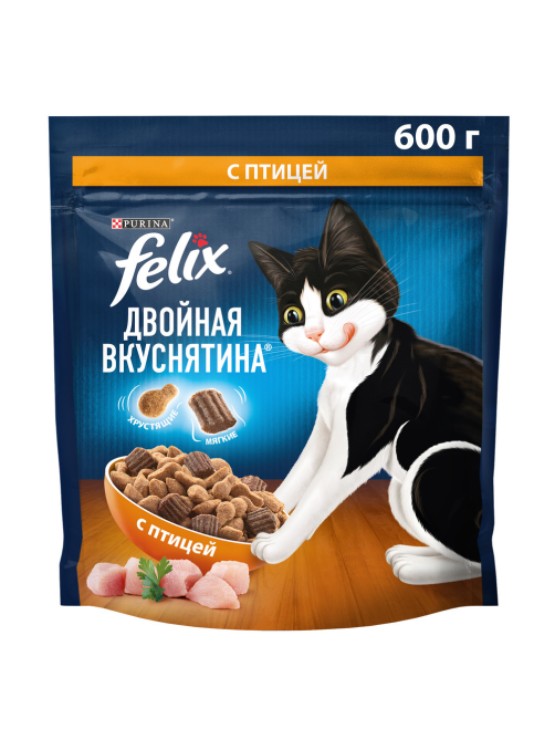 Корм сухой Felix Двойная вкуснятина для взрослых кошек с птицей, 600г