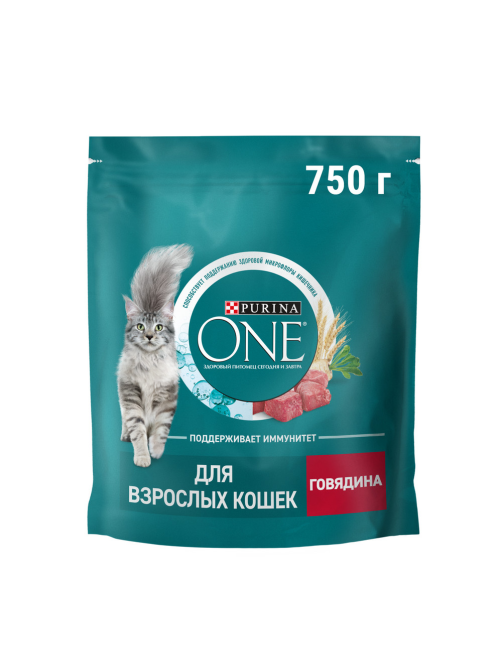 Корм сухой Purina One для взрослых кошек с говядиной и цельными злаками, 750г