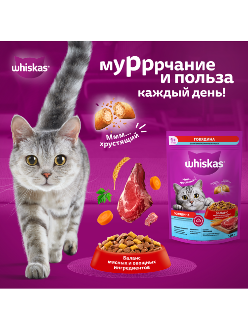 Корм сухой Whiskas Вкусные подушечки для стерилизованных кошек с говядиной, 350г