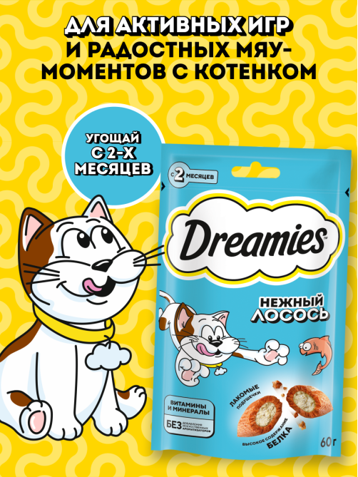 Лакомство Dreamies Лакомые подушечки для взрослых кошек с лососем, 60г