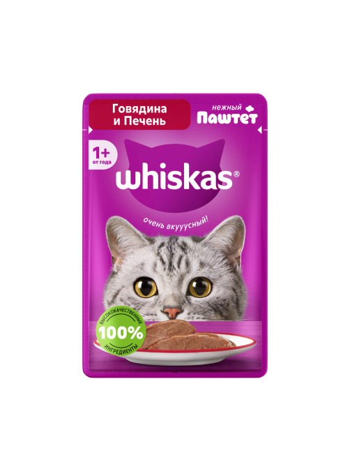 Корм влажный Whiskas паштет для взрослых кошек с говядиной и печенью, 75г