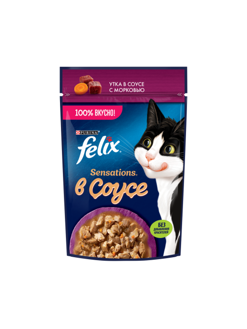 Корм влажный Felix Sensations для взрослых кошек с уткой в соусе с морковью, 75г x 26 шт