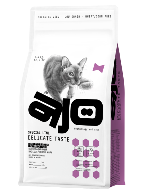 Корм сухой Ajo Delicate Taste для кошек и котят индейка, 1.5кг