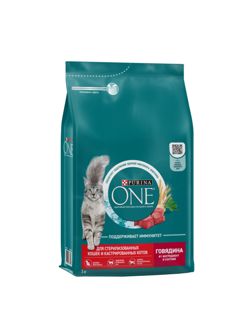 Корм сухой Purina One для стерилизованных кошек и кастрированных котов с говядиной и пшеницей, 3кг