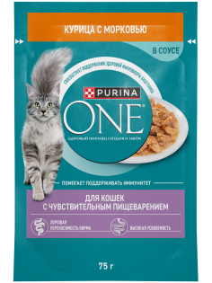 Корм влажный Purina One для кошек при чувствительном пищеварении с курицей и морковью, 75г