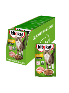 Корм влажный Kitekat для взрослых кошек с курицей в желе, 85г x 28 шт
