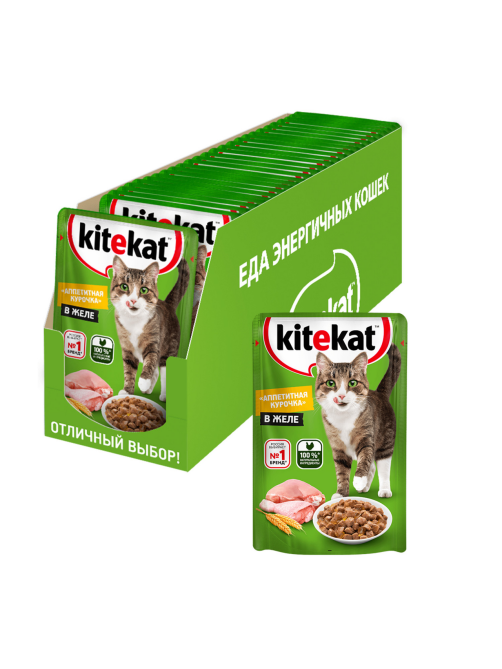 Корм влажный Kitekat для взрослых кошек с курицей в желе, 85г x 28 шт