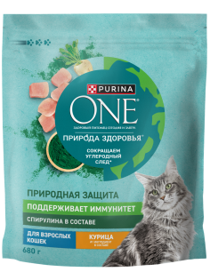 Корм сухой Purina One Природа Здоровья для взрослых кошек со спирулиной с высоким содержанием курицы, 680г