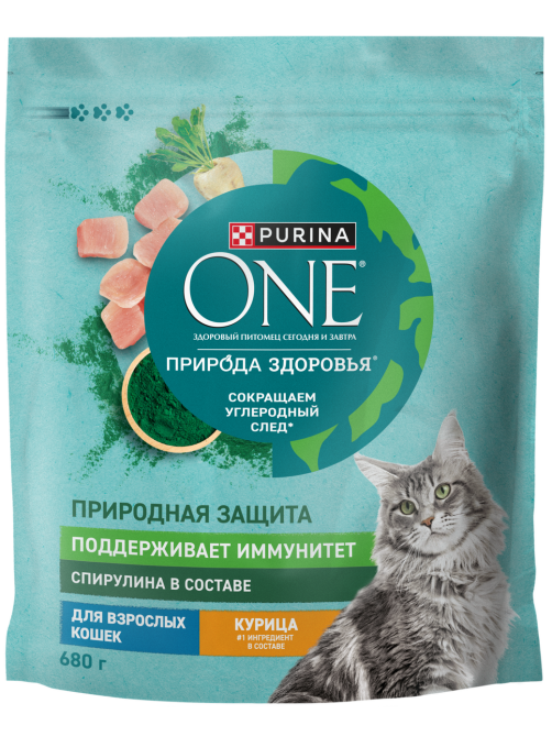 Корм сухой Purina One Природа Здоровья для взрослых кошек со спирулиной с высоким содержанием курицы, 680г