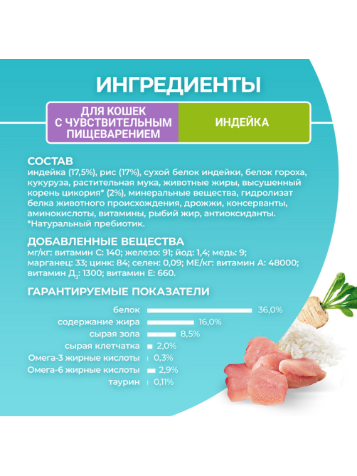 Корм сухой Purina One для взрослых кошек при чувствительном пищеварении с индейкой и рисом, 750г