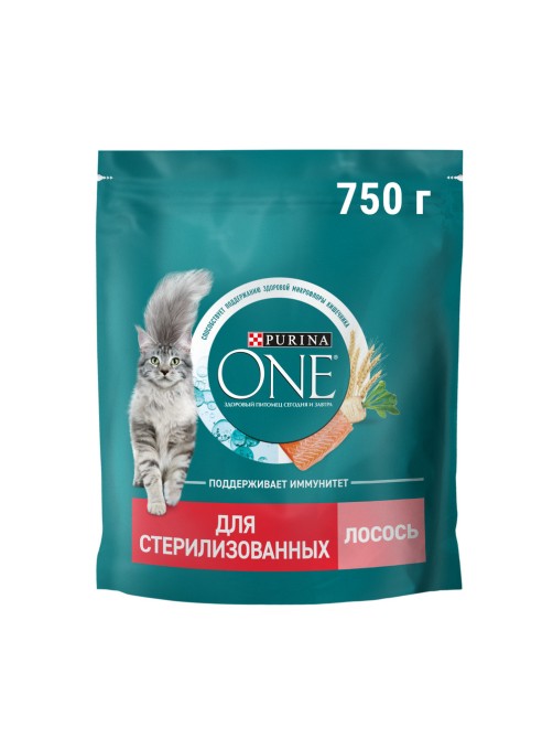 Корм сухой Purina One для стерилизованных кошек и кастрированных котов с высоким содержанием лосося, 750г