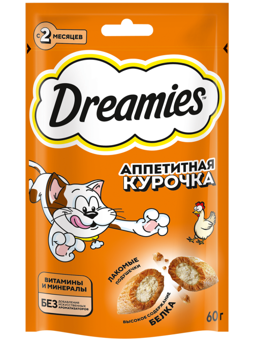 Лакомство Dreamies Лакомые подушечки для взрослых кошек с курицей, 60г