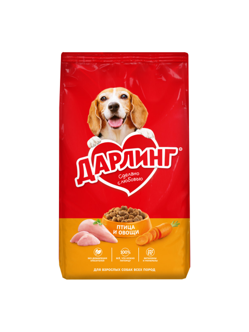 Корм сухой Дарлинг для взрослых собак с птицей и добавлением овощей, 2кг