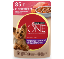 Корм влажный Purina One Мини для взрослых собак мелких пород с лососем, рисом и морковью в подливе, 85г